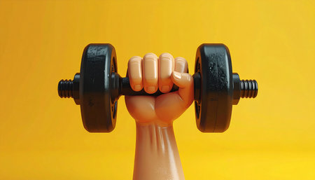 Hand with dumbbells on yellow background. 3d illustration.の素材