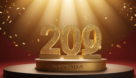 Happy New Year 2019 gold text on golden podium, 3D renderingの素材
