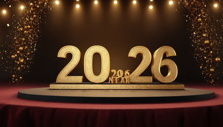 Happy New Year 2016. Golden numbers on a podium. 3D illustrationの素材