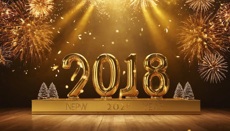 Happy New Year 2018 with fireworks and golden numbers 2018. 3D illustrationの素材