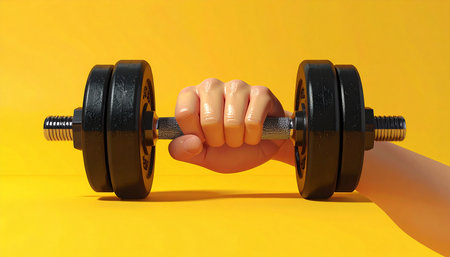 Dumbbell in hand on a yellow background. Close-up.の素材
