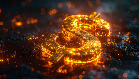 Golden dollar sign on a dark background with bokeh effect. 3d renderingの素材