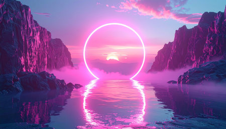 Fantasy alien planet. Mountain and lake. 3D illustration.の素材