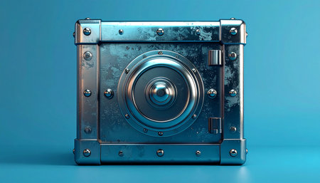 3d rendering of a blue metal camera on a blue background.の素材