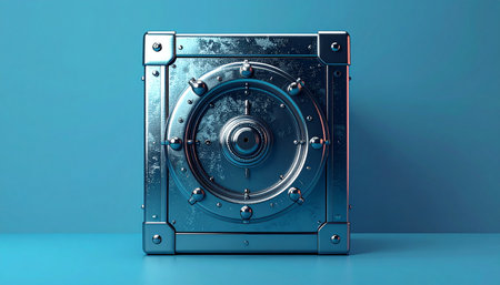 3D rendering of a metal safe with a vault door on a blue backgroundの素材