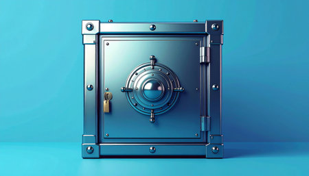 3d illustration of metal safe with vault door over blue background.の素材