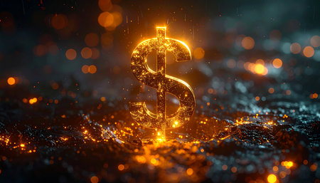 Golden dollar sign on a dark background with bokeh. 3d renderingの素材