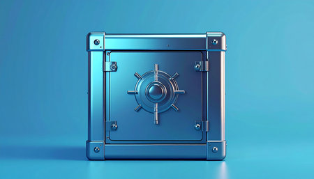 3d rendering of a metal safe on a blue background with reflectionの素材