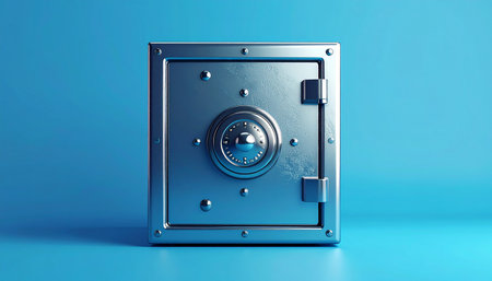 3d illustration of a metal safe with a combination lock on a blue backgroundの素材