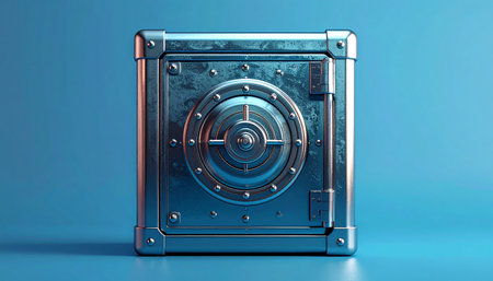 Metal safe on blue background. 3d illustration. Security concept.の素材
