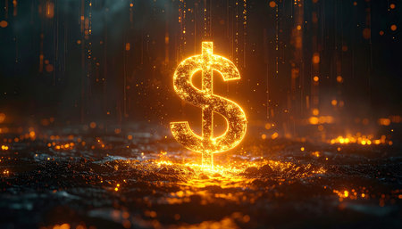 Golden dollar symbol on dark background with particles. 3d illustration.の素材