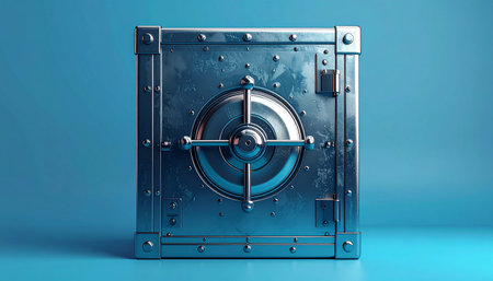 3d illustration of metal safe with a vault door on blue backgroundの素材