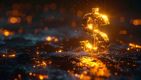 Golden dollar sign on bokeh background. 3d illustration.の素材