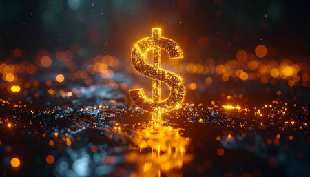 Golden dollar sign on bokeh background. 3D rendering.の素材