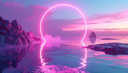 Fantasy landscape with glowing light bulb in the sea. 3d renderの素材
