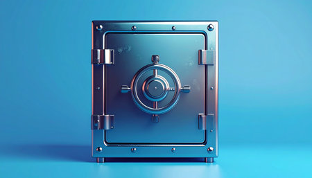 3D rendering of a metal safe with a combination lock on a blue backgroundの素材