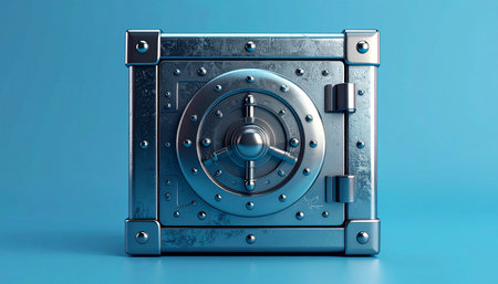 Steel safe on a blue background. 3d render. Security conceptの素材
