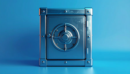 3d rendering of a metal safe on a blue background with shadowの素材