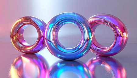 3d rendering of abstract background with multicolored glowing rings.の素材