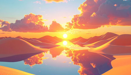 3D illustration of sunset over sand dunes with reflection in waterの素材