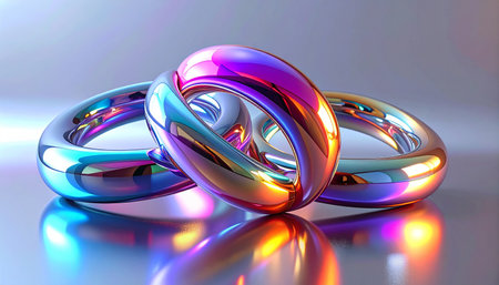 Wedding rings on a reflective surface. 3D illustration.の素材