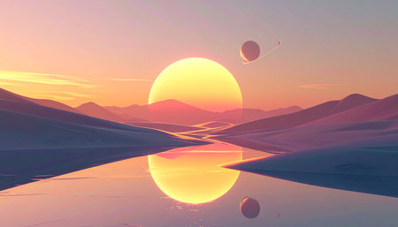 3d illustration of a sunset over the desert with a planet in the backgroundの素材