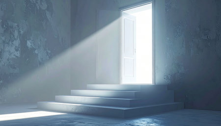 White stairway to the light at the end of the room, 3d renderingの素材