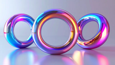 3d render, abstract background, metallic rings, bright colors.の素材