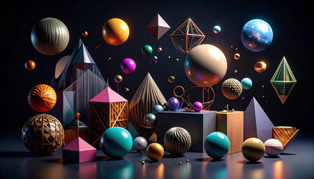 3d render of abstract geometric composition with balls and pyramids.の素材