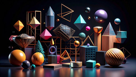 3d render, abstract background with geometric shapes, podiums, pyramids, cubes, balls and other elementsの素材