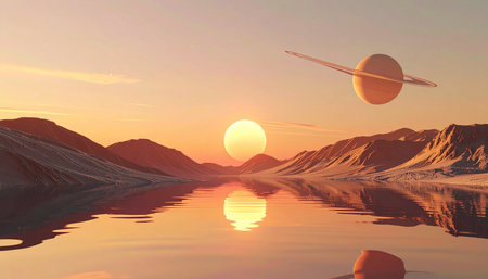 Fantasy alien planet. Mountain and sunset. 3D illustration.の素材
