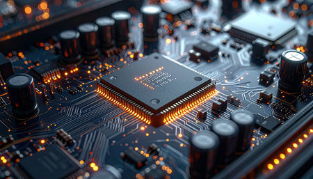 Close-up of electronic circuit board. Technology concept. 3D Renderingの素材