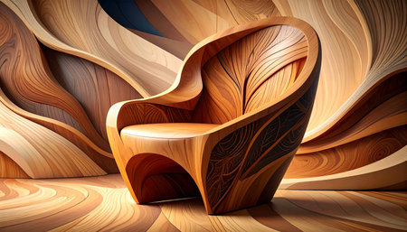 Wooden chair on a wooden background. 3D rendering. Illustration.の素材