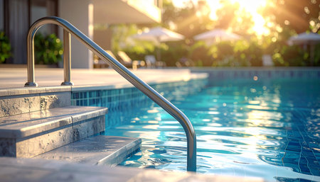 Swimming pool with stair in luxury hotel resort - vintage filter effectの素材