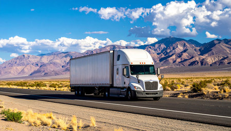 White modern semi-trailer truck on a highway in California, USAの素材