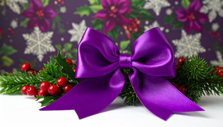 Christmas decoration with holly berry and gift bow on white backgroundの素材