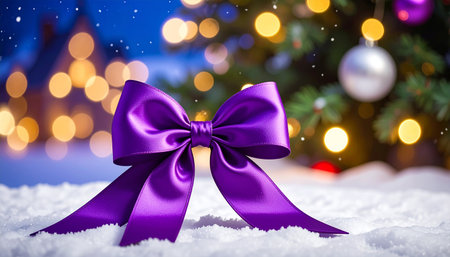 Purple gift bow on snow with bokeh lights in backgroundの素材
