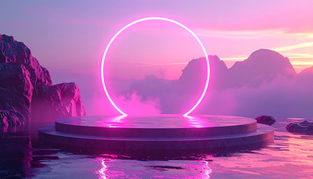 3d rendering of a podium in the middle of the sea with a pink neon frameの素材