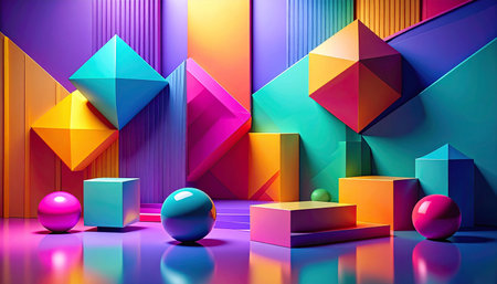 3d render, abstract background with geometric shapes, podiums and balls, neon colorsの素材