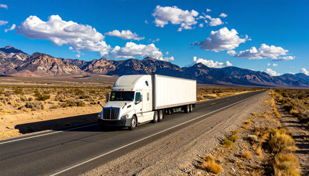 White modern semi-trailer truck on the road in California, USAの素材