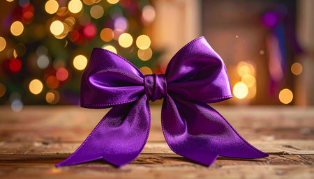 Purple gift bow on a background of the Christmas tree and lightsの素材