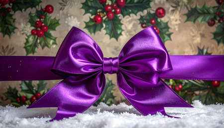 Christmas bow on snow with holly berry and snowflake backgroundの素材