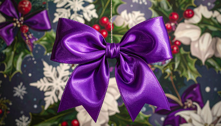 Purple bow on christmas background with snowflakes and hollyの素材