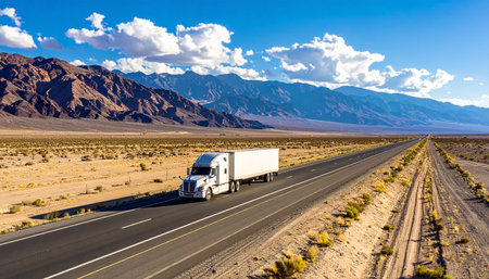 Truck driving on highway in Death Valley National Park, California, USAの素材
