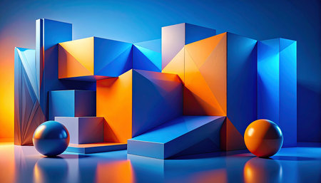 Abstract geometric background. 3d render. Blue and orange colors.の素材