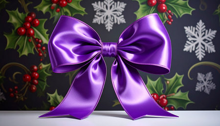 christmas bow with holly berry and snowflakes backgroundの素材