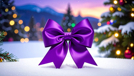 Purple gift bow on snow with bokeh background. 3d renderingの素材
