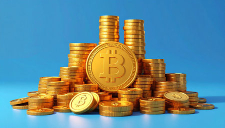 golden bitcoin coins on blue background, 3d render, computer digital imageの素材