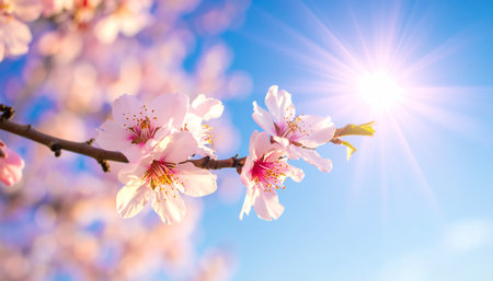 Beautiful almond flowers blooming in spring time with blue sky backgroundの素材