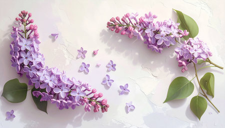 Flowers composition. Lilac flowers on white background. Flat lay, top view, copy spaceの素材